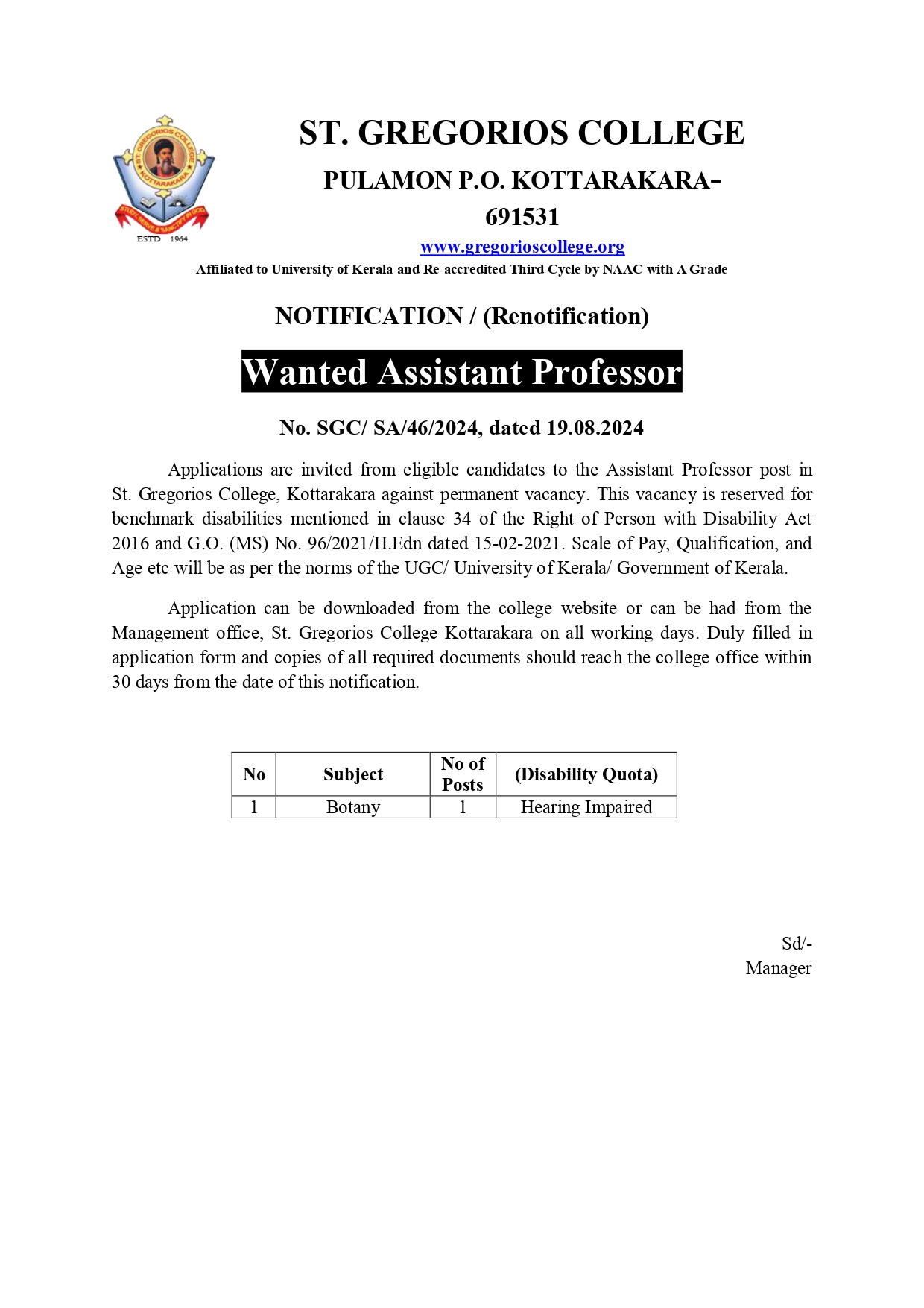 Applications are Invited for the Post of Assistant Professor in Botany